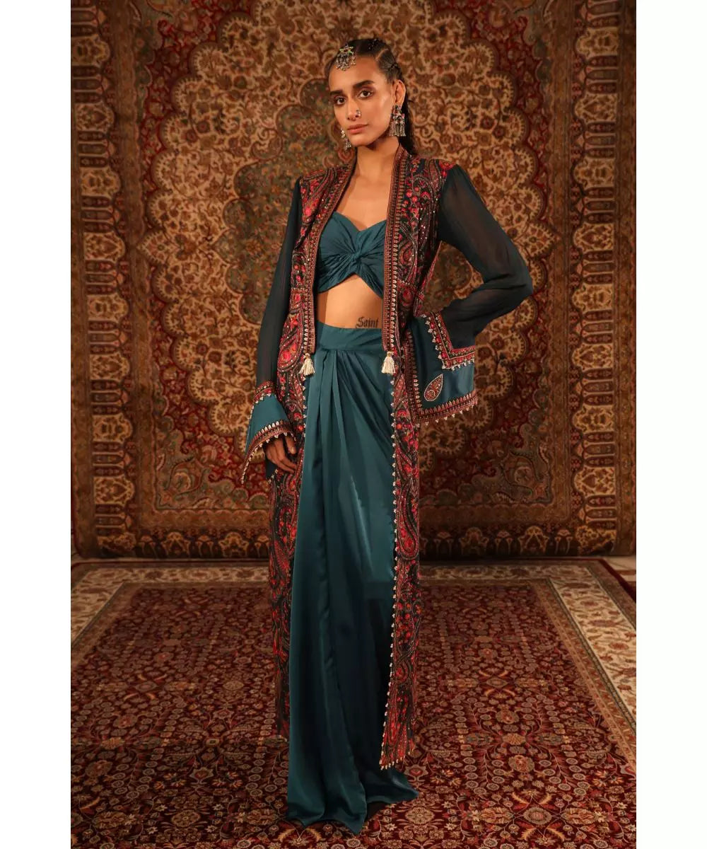 ADITI GUPTA - Teal Blouse Draped Skirt Jamawaar Jacket